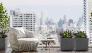 Nowoczesny loft w salonie – donice z efektem betonu od Lamela